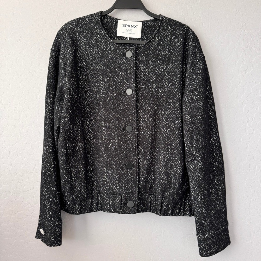 NWOT Spanx XL Ponte Bomber Jacket Black White Long Sleeve Snap Front Collarless